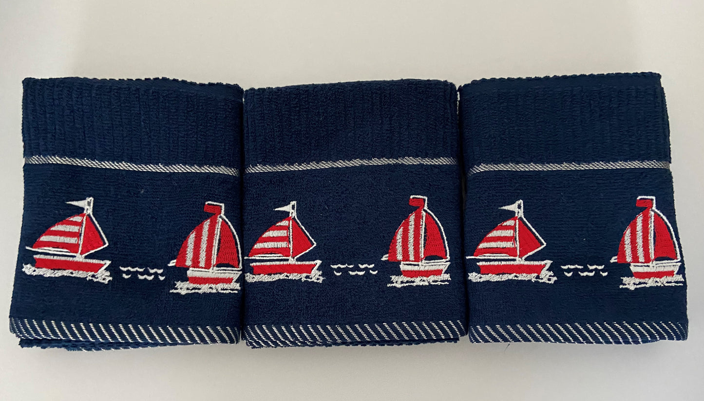 Sail Boat Design Tea Kitchen Towel Navy