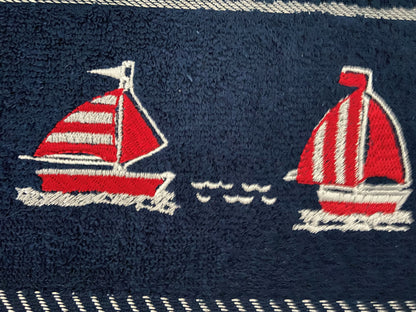 Sail Boat Design Tea Kitchen Towel Navy