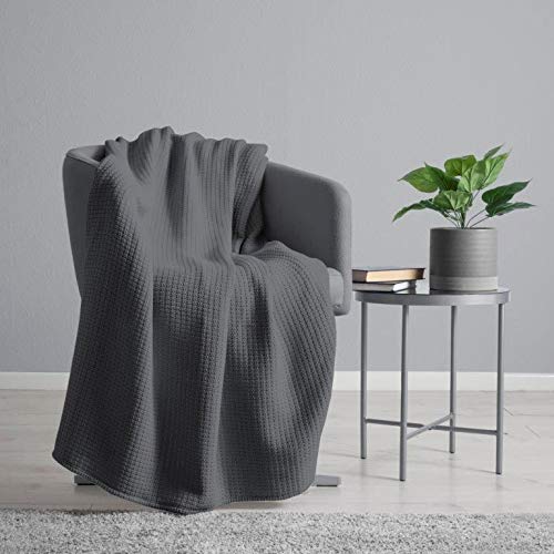 100% Cotton Waffle Weave Throw Blanket in Charcoal Grey